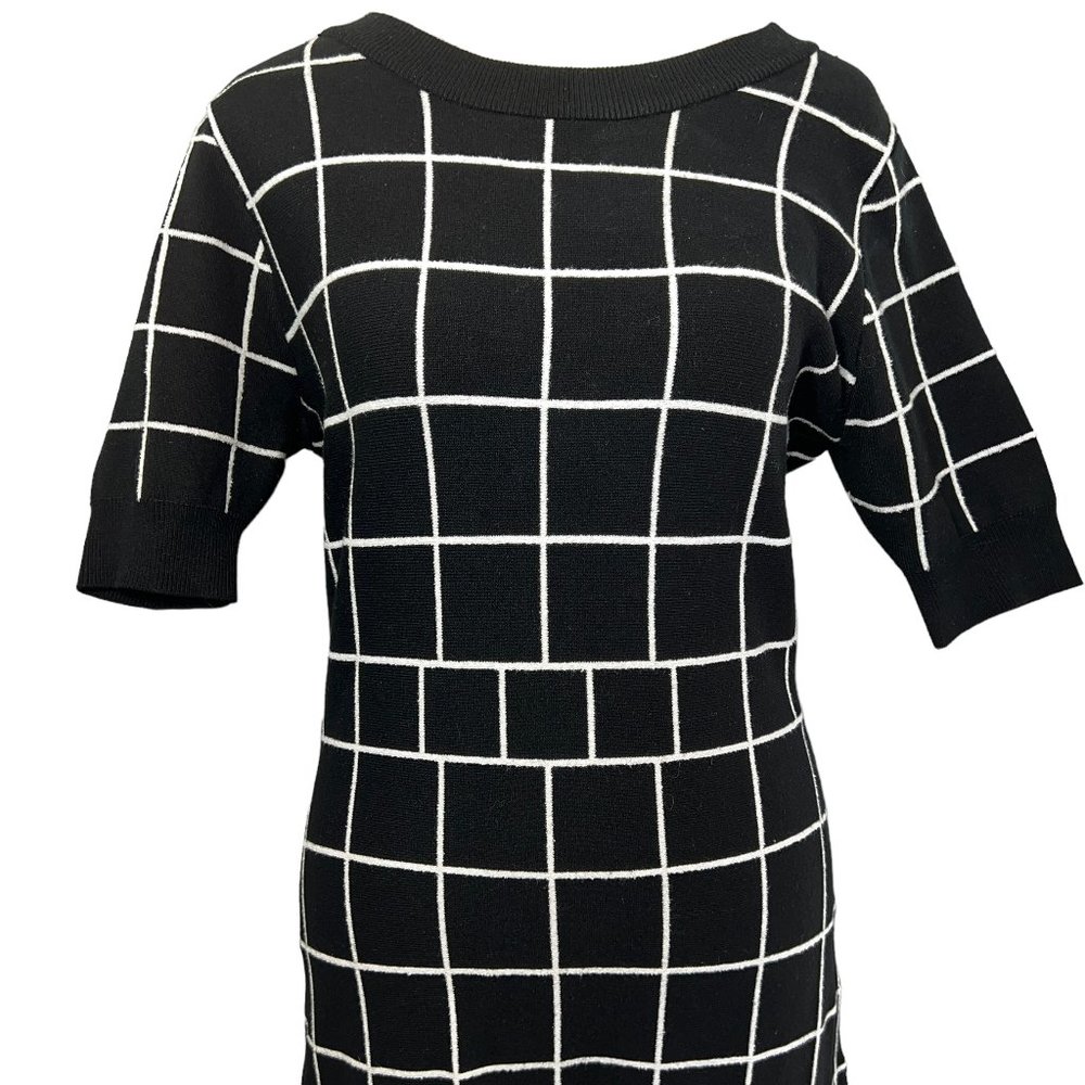 MILLY Black & White Windowpane Knit A-Line Dress – Open Back – Size M - Picture 10 of 16
